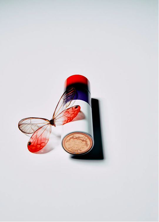 Cosmetic powder compact alongside tricolor makeup container and butterfly in a light studio setting. Beauty and cosmetics product shot.