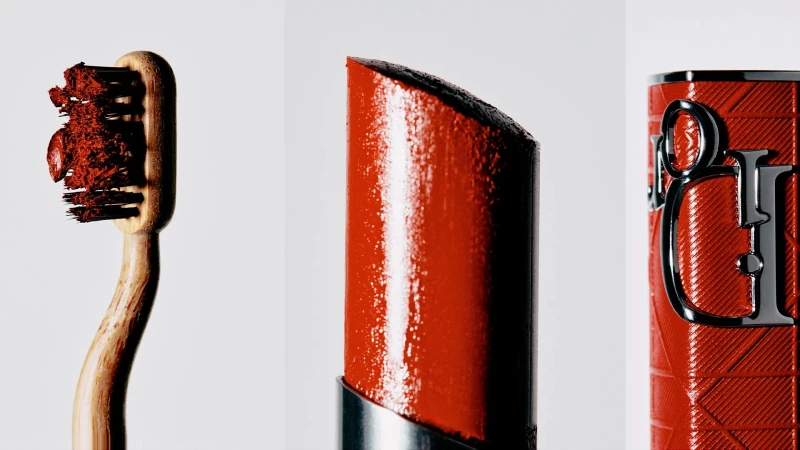 Close-up studio shot of a toothbrush with red toothpaste and a red lipstick bullet and tube on a white background.
