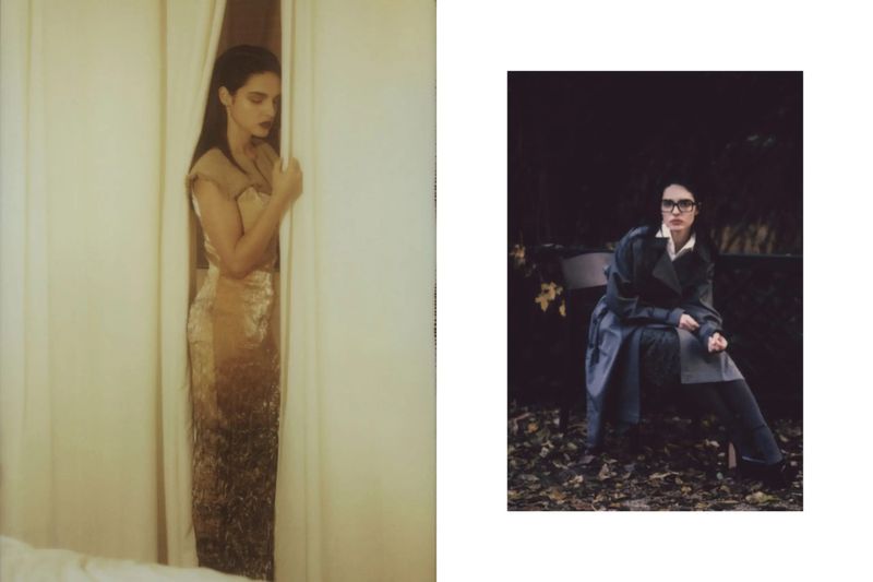 Two images: one woman in a golden dress behind curtains, the other in a trench coat seated outdoors, captured in fashion editorial style.