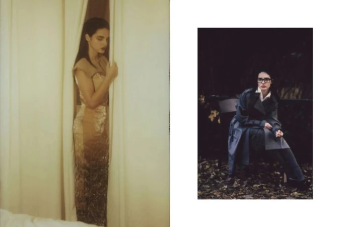 Two images: one woman in a golden dress behind curtains, the other in a trench coat seated outdoors, captured in fashion editorial style.