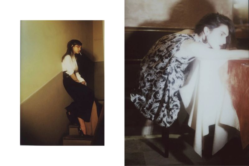 A composite fashion editorial showing two young adult women in dresses posing in dimly lit indoor environments with stark shadows.