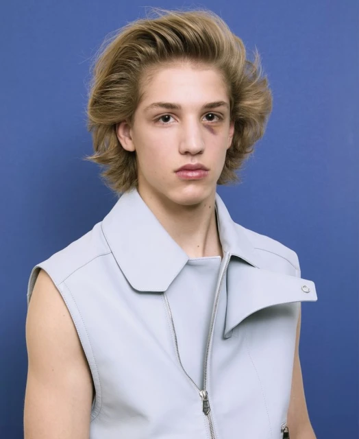 Portrait of a young adult male with a black eye, blonde hair, wearing a light blue vest against a blue backdrop. Studio lighting.