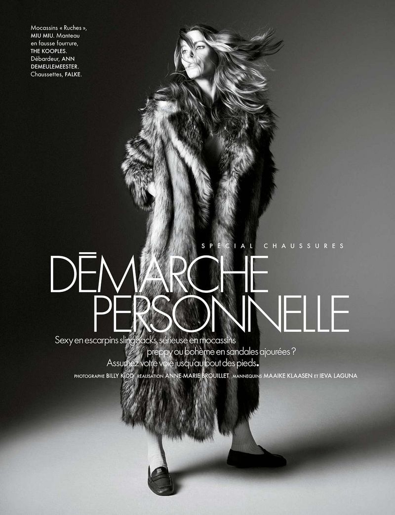 Fashion editorial shot of a woman in a fur coat and loafers against a dark gray studio background with the text 'DEMARCHE PERSONNELLE'.