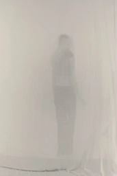 Silhouette of a figure standing behind a sheer white draped fabric curtain in a studio setting