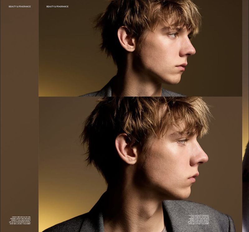 Close-up side profile of a blonde male with short hair and a grey blazer. Portrait split in two to show another view.