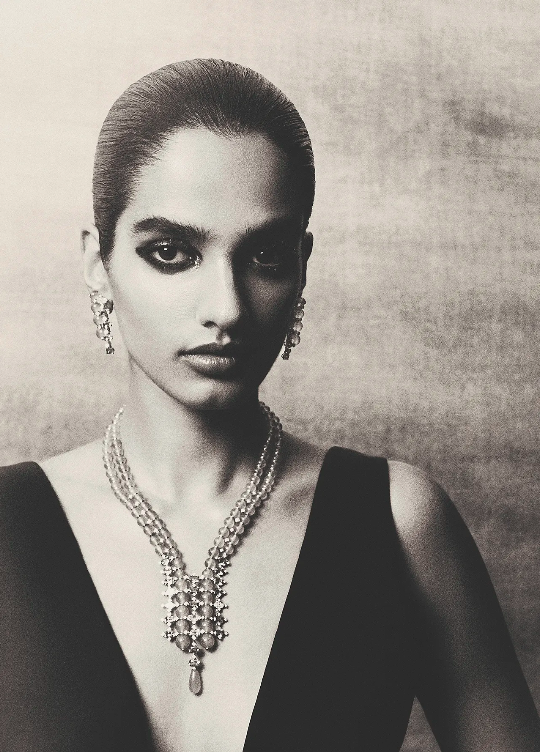 Monochrome portrait of a woman with elegant jewelry, dramatic smoky eyes, wearing a V-neck top against a textured grey backdrop.