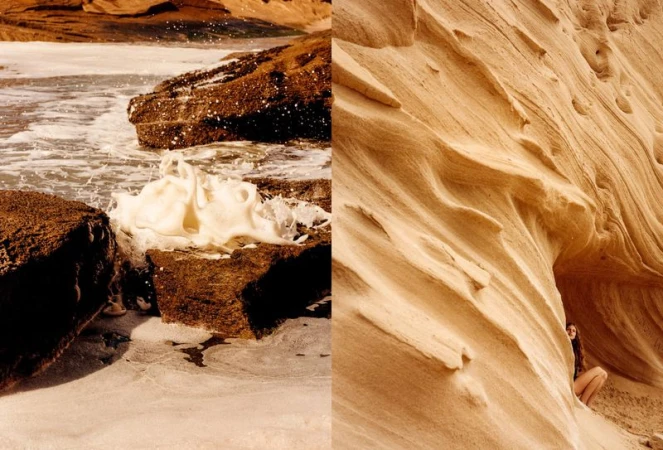 Split image of rocky beach with sea foam meeting rock formations and a person under an eroded rock formation with curved striations.