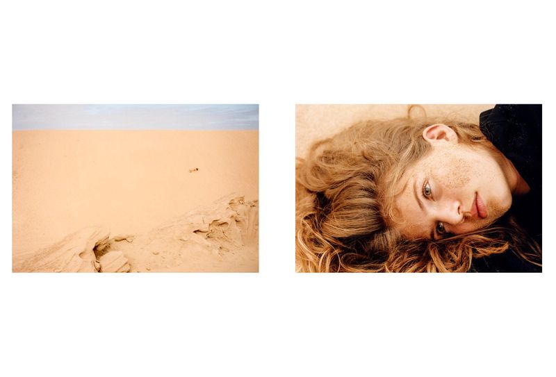Artistic diptych: sand dune landscape with one person, and a close-up portrait of a young woman with fair hair and freckles.