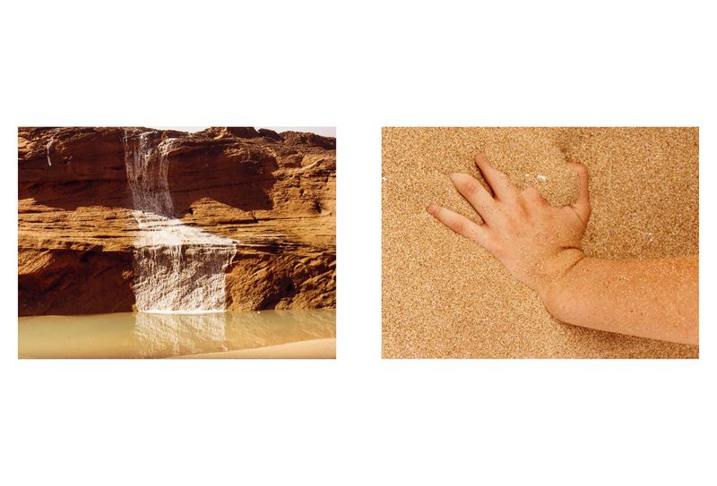 Two-panel image showing a rocky desert cliff with a small waterfall on the left and a hand touching sand on the right.