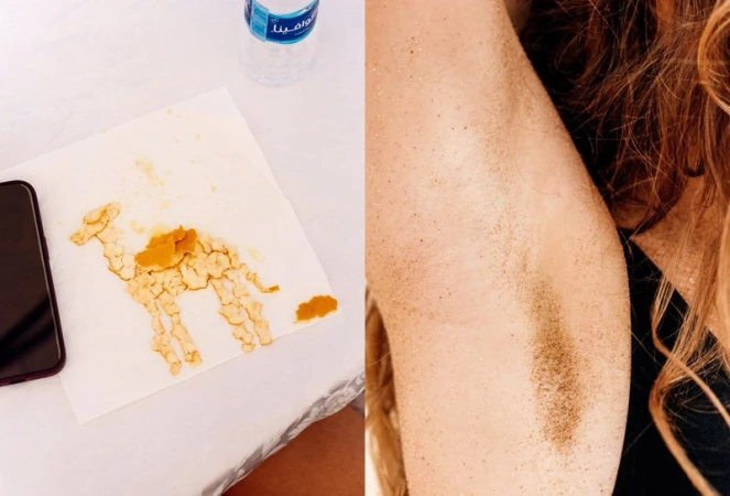 Armpit with hair contrasted against a drawing of a camel on a napkin next to a phone and bottle of water on a white surface.