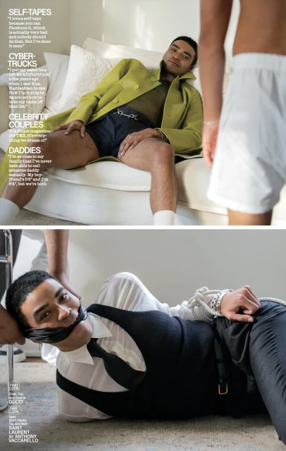 Man in stylish coat sits on couch, viewed by another in underwear; a second image shows the first man bound and gagged on floor.