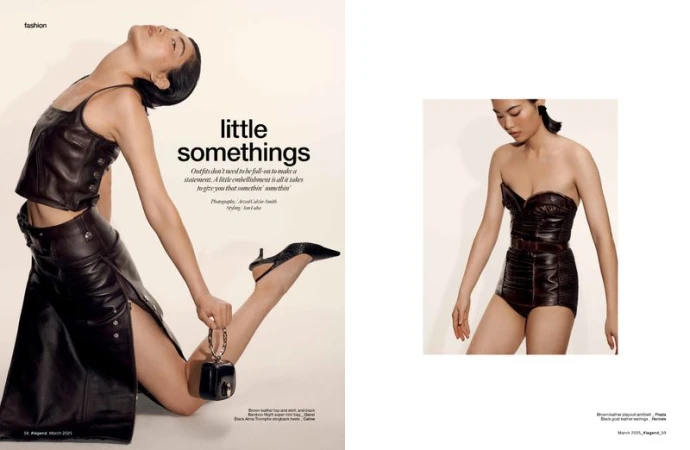 Editorial fashion layout featuring a woman wearing a brown leather outfit, holding a black bag, and posing against a neutral background.