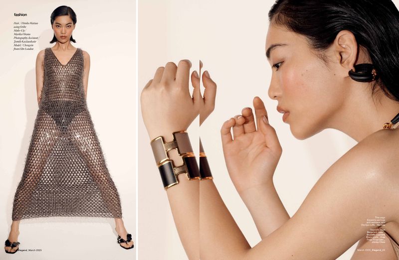 Model Cheng Xin in a sheer metallic mesh dress and statement cuffs for Hashtag Legend editorial shot by Arved Colvin-Smith