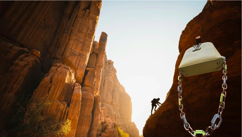 Luxury bag on rock face with distant climber. Fashion meets adventure in natural mountain landscape. Outdoors fashion editorial.
