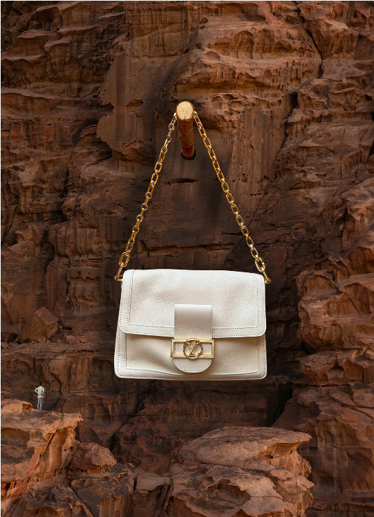 A luxury Louis Vuitton handbag hangs from a wooden rod in a desert setting with sandstone rock formations and a figure in the distance.