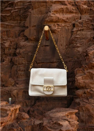 A luxury Louis Vuitton handbag hangs from a wooden rod in a desert setting with sandstone rock formations and a figure in the distance.