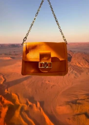 Tan leather shoulder bag with chain strap suspended against an aerial view of a desert landscape at sunset.