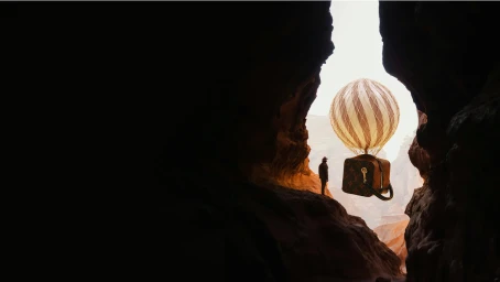A person standing in a dark rock cave looking out toward a floating hot air balloon shaped like a luxury trunk.