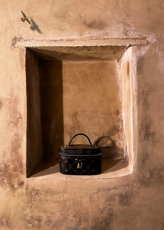 Monogrammed black and brown handbag with handle in arched desert alcove, with a flying bird visible in the upper-left corner.