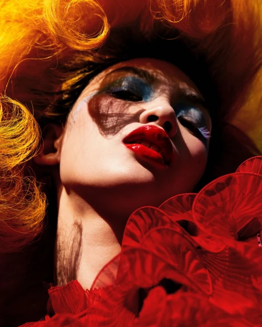 Close-up of an adult woman with vibrant orange hair and dramatic makeup, showcasing red ruffled clothing against a shadowed backdrop.