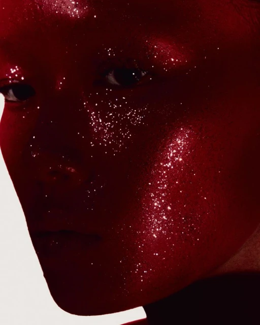 Close-up portrait of an adult woman with red-tinted skin and glitter, set against a bright white background, shot with studio lighting.