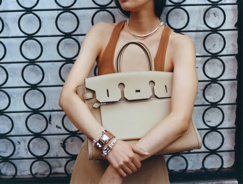 Close-up of an adult female model in a brown dress holding a tan leather Birkin bag against a circle-patterned metal background for a fashion editorial.