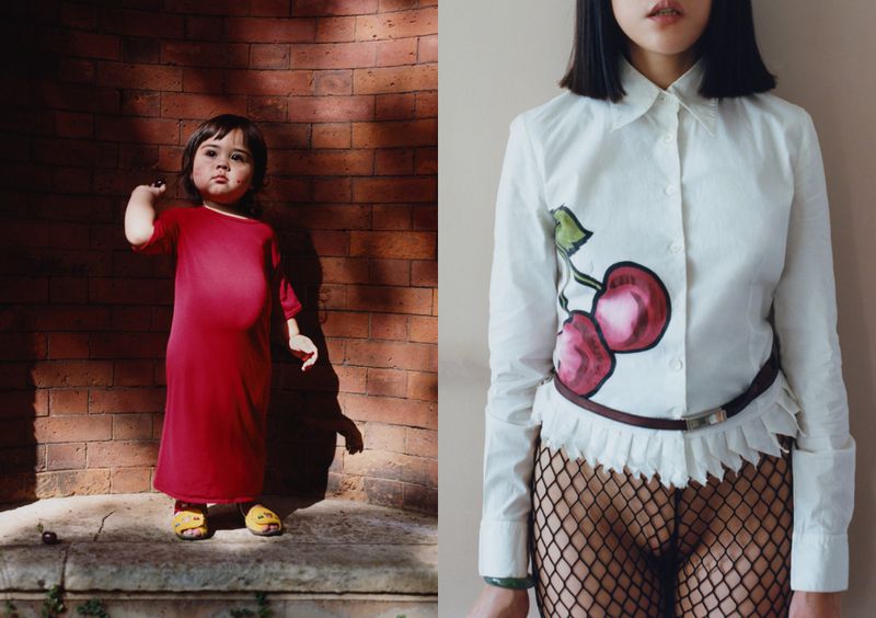 Composite image showcasing a child in a red dress against a brick wall, contrasted with a fashionably dressed adult woman's torso.