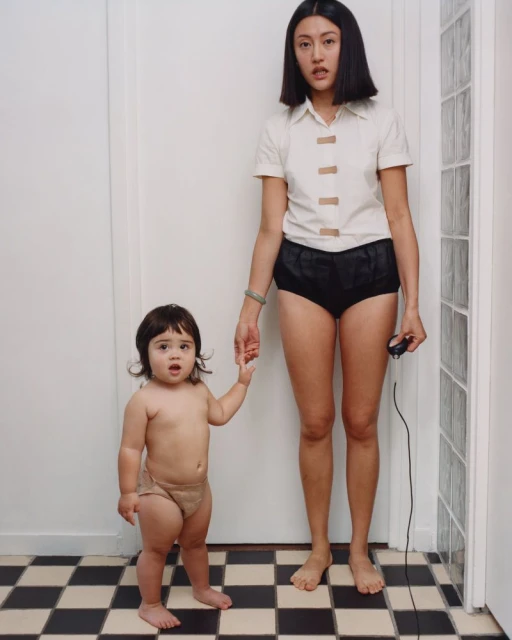 A woman and a toddler hold hands and look directly at the camera in an indoor studio setting with a checkered floor and neutral colors.