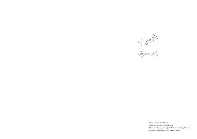 Monochrome image with handwritten text 'Motifs Joyce NG' visible, along with photo assistant and gratitude credits at the bottom.