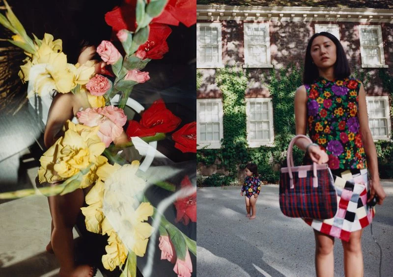 A split-scene fashion shot showcasing an Asian woman in a floral top, juxtaposed with a floral arrangement and a child on a walkway.