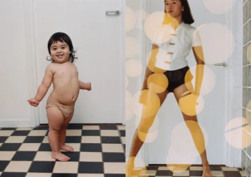 Dipty-style editorial layout showing a toddler standing on a checkered floor next to a woman partially obscured by bokeh circles.