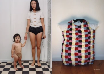 Woman holding a small child's hand next to a checkered tiled floor, with a colourful patterned garment displayed on the right.