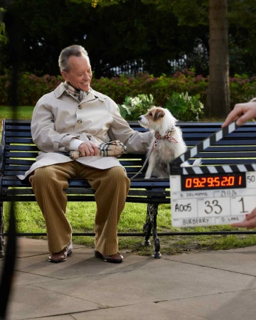 Elderly man sits on a bench with his dog during a Burberry fashion shoot, featuring a clapperboard, in an outdoor park setting.