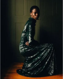 Model wearing a dark green sequin gown kneeling against a dark green wooden paneled door and floor.