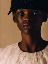 Close-up portrait of a model wearing a dark embellished hat and a white textured top against a neutral background.