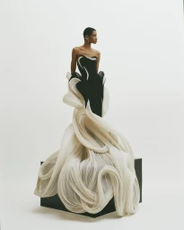 Model Tara Falla in a structured black and white sculptural gown standing on a black pedestal against a white seamless background