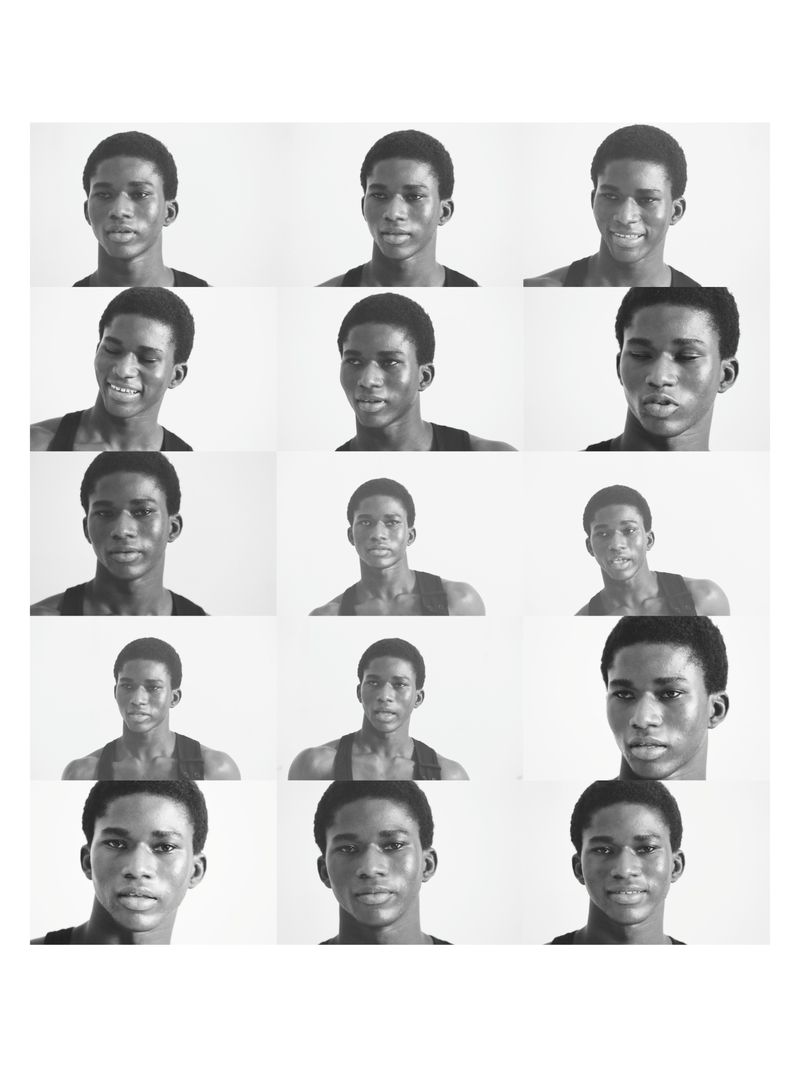 Portrait of a young Black male shown 12 times in a grid with different facial expressions against a white background.