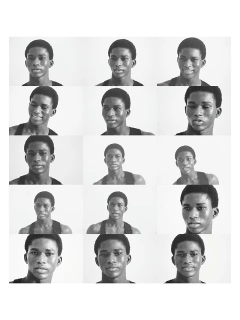 Portrait of a young Black male shown 12 times in a grid with different facial expressions against a white background.