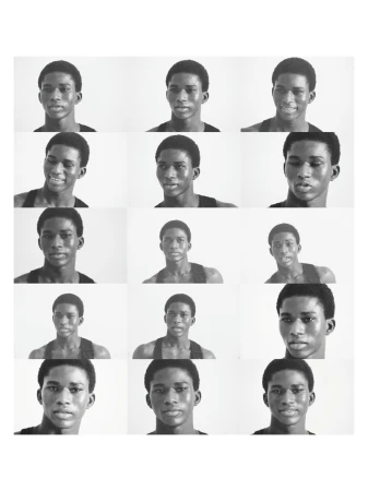 Portrait of a young Black male shown 12 times in a grid with different facial expressions against a white background.