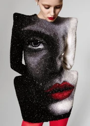 Model wearing a structured garment featuring a large graphic face print against a grey seamless studio background.