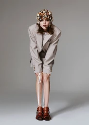 Model in oversized beige blazer and decorative button headpiece leaning forward against a seamless grey studio background