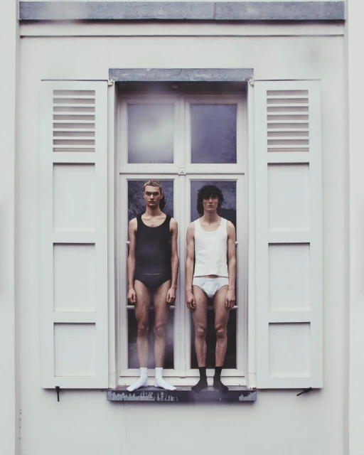 Two fair-skinned adult men in minimal attire stand side-by-side in a window with white shutters, creating a stark, symmetrical composition.