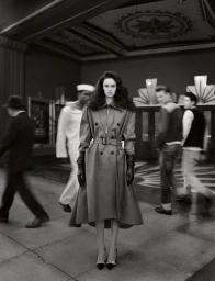 Model standing stationary wearing a belted trench coat and dark gloves while people blur in motion around her in a street scene.
