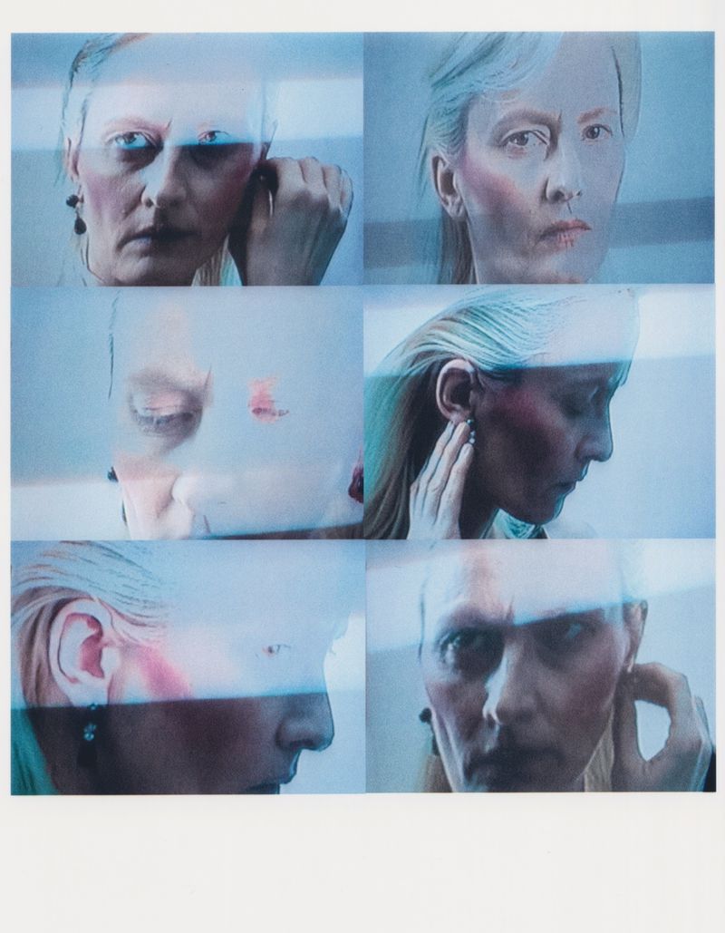 Conceptual photo featuring six portrait crops of a fair-skinned person with blue color grading and visible makeup; studio lighting.