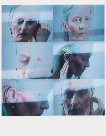 Multi-panel portrait composition of a model with layered horizontal video glitch artifacts and expressive makeup