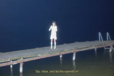 Lindsey Wixson standing on a wooden pier at night wearing a cream dress and white knee-high socks