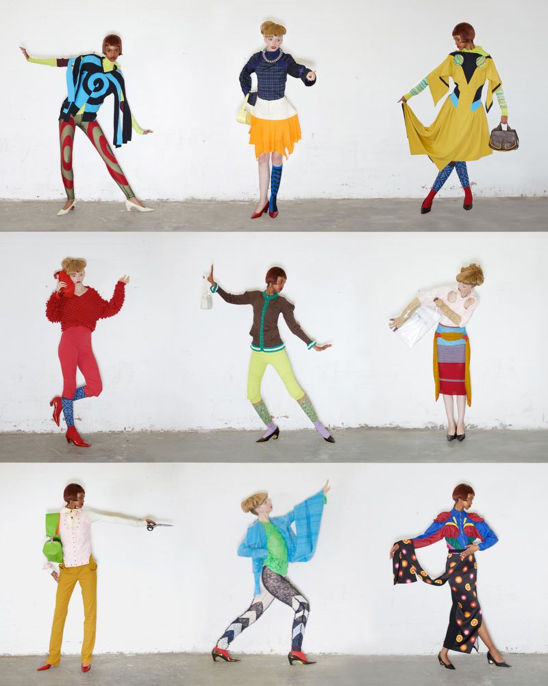 Nine-panel composite photo of models posing in colourful avant-garde Kiko Kostadinov womenswear outfits against a white wall.