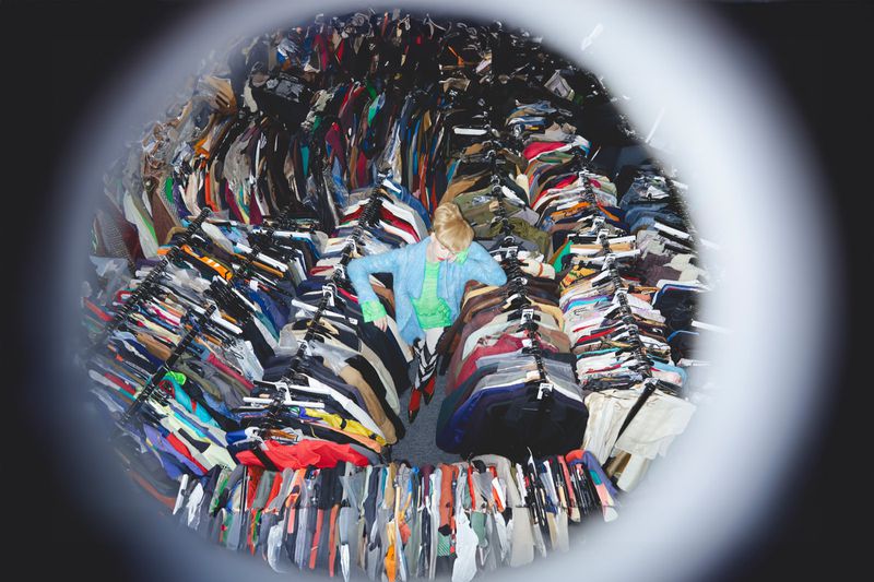 Overhead shot of a woman surrounded by racks of clothing in a store, creating a visually striking and immersive shopping experience.