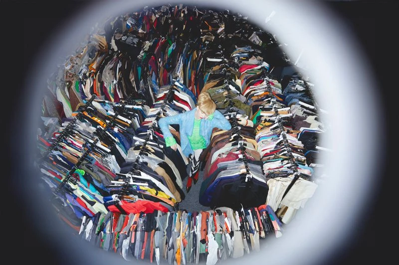 Overhead shot of a woman surrounded by racks of clothing in a store, creating a visually striking and immersive shopping experience.