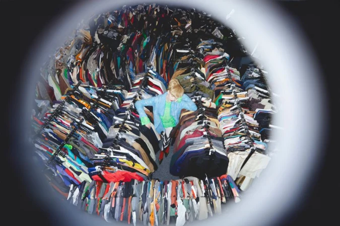 Overhead shot of a woman surrounded by racks of clothing in a store, creating a visually striking and immersive shopping experience.